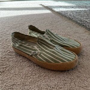 Vans Green and White Striped Slip-Ons